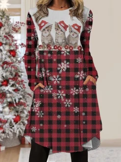 Women's Christmas Work Dress Casual Dress Fashion Winter DressDaily Midi Dress Pocket Print Crew Neck Long Sleeve Cat Snowflake Regular Fit White Wine Red Fall Winter S M L XL XXL -Party Prom Dresses Sales Store sgbame1695781003467