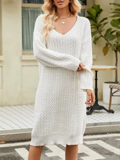 Women's Sweater Dress Winter Dress Jumper Dress Midi Dress Split Daily Date Going Out Active Fashion V Neck Long Sleeve 2023 Loose Fit Black White Camel Color S M L XL XXL Size -Party Prom Dresses Sales Store sgbldw1692858972979