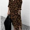 Women's T Shirt Dress Tee Dress Midi Dress White Gray Brown Long Sleeve Leopard Split Print Fall Winter V Neck Hot Casual Loose 2022 S M L XL XXL 3XL 4XL 5XL