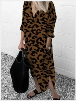 Women's T Shirt Dress Tee Dress Midi Dress White Gray Brown Long Sleeve Leopard Split Print Fall Winter V Neck Hot Casual Loose 2022 S M L XL XXL 3XL 4XL 5XL