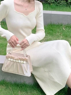 Women's Sweater Dress Jumper Dress Casual Dress Midi Dress Fashion Pure Color Outdoor Daily Vacation Going Out V Neck Long Sleeve Patchwork 2023 Regular Fit Black Pink Blue S M -Party Prom Dresses Sales Store sgplaz1695268450953