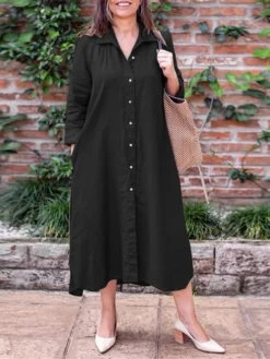 Women's Shirt Dress Casual Dress Cotton Linen Dress Midi Dress Linen / Cotton Blend Basic Classic Outdoor Daily Vacation Shirt Collar Button Pocket Long Sleeve Spring Fall Autumn 2023 Loose Fit Black -Party Prom Dresses Sales Store sguwlb1692084365519
