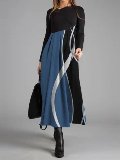 Women's Work Dress Casual Dress Swing Dress Fashion Winter Dress Daily Long Dress Maxi Dress Button Print V Neck Long Sleeve Geometric Color Block Regular Fit Red Blue Brown Fall Winter S M L XL XXL -Party Prom Dresses Sales Store shbvms1697524339136