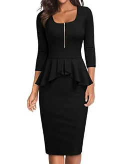 Women's Work Dress Party Dress Sheath Dress Elegant Midi Dress Ruffle Zipper Square Neck 3/4 Length Sleeve Plain Regular Fit Black Wine Navy Blue Summer Spring S M L XL XXL -Party Prom Dresses Sales Store shglyk1677122550191