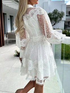 Women's Party Dress Lace Dress Homecoming Dress Mini Dress Black White Long Sleeve Pure Color Lace Summer Spring Fall Stand Collar Fashion Wedding Guest Birthday Vacation Slim 2023 S M L XL -Party Prom Dresses Sales Store shzurf1681263745114