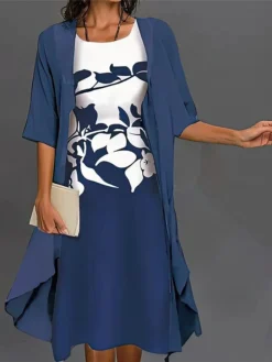 Women's Two Piece Dress Set Casual Dress Chiffon Dress Outdoor Daily Fashion Streetwear Print Midi Dress Crew Neck Half Sleeve Floral Regular Fit Dark Blue Fall Winter S M L XL XXL