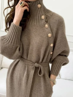 Women‘s Sweater Dress Winter Dress Sheath Dress Knee Length Dress Black Khaki Beige Long Sleeve Pure Color Button Fall Winter Autumn Turtleneck Stylish Winter Dress Fall Dress Loose Fit 2023 One-Size -Party Prom Dresses Sales Store simpco1658746613727
