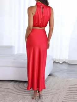 Women's Two Piece Dress Set Casual Dress Skirt Set Daily Holiday Fashion Sexy Ruched Long Dress Maxi Dress Stand Collar Sleeveless Plain Regular Fit Black White Light Green Summer Spring S M L XL -Party Prom Dresses Sales Store sirzln1690857200848