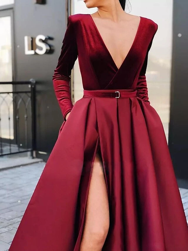 Women‘s Party Dress Velvet Dress Red Long Dress Maxi Dress Wine Long Sleeve Pure Color Ruched Pleated Split Winter Fall V Neck Party Hot Elegant Fall Dress Slim 2023 S M L XL Winter Dress 3 Women‘s Party Dress Velvet Dress Red Long Dress Maxi Dress Wine Long Sleeve Pure Color Ruched Pleated Split Winter Fall V Neck Party Hot Elegant Fall Dress Slim 2023 S M L XL Winter Dress - Image 3