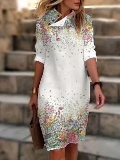 Women's Casual Dress Cotton Linen Dress Shift Dress Midi Dress Polyester Fashion Casual Daily Outdoor Daily Vacation Turtleneck Button Print 3/4 Length Sleeve Summer Spring Fall 2023 Loose Fit Black -Party Prom Dresses Sales Store sjhlij1691561578766