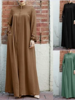 Women's Casual Dress Cotton Linen Dress Abaya Maxi Long Dress Polyester Daily Stylish Outdoor Office Daily Stand Collar Ruched Zipper Long Sleeve Spring Fall Winter 2023 Loose Fit Black Brown Green -Party Prom Dresses Sales Store sjruzn1692695550528