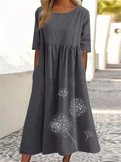 Women's Casual Dress Cotton Linen Dress Swing Dress Midi Dress Cotton Blend Basic Casual Outdoor Daily Vacation Crew Neck Ruched Pocket Half Sleeve Summer Spring Fall 2023 Loose Fit ArmyGreen Black