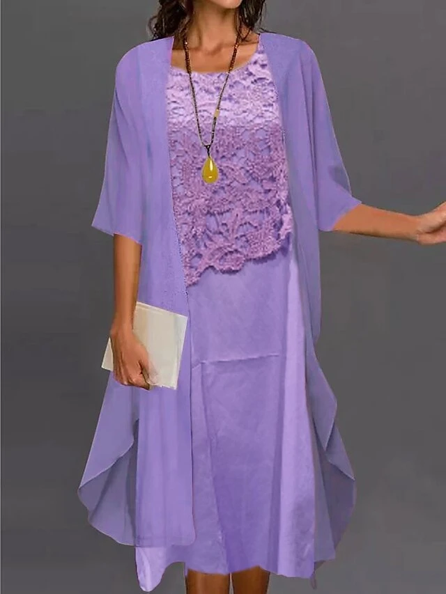 Women's Dress Set Two Piece Dress Shift Dress Midi Dress Light Blue Light Grey Half Sleeve Pure Color Lace Summer Spring Crew Neck Elegant Wedding Guest Loose Fit 2023 S M L XL XXL 3XL 3 Women's Dress Set Two Piece Dress Shift Dress Midi Dress Light Blue Light Grey Half Sleeve Pure Color Lace Summer Spring Crew Neck Elegant Wedding Guest Loose Fit 2023 S M L XL XXL 3XL - Image 3