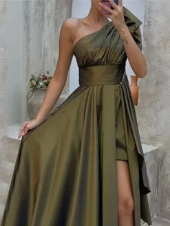 Women's Prom Dress Party Dress Satin Dress Long Dress Maxi Dress Army Green Sleeveless Pure Color Ruffle Spring Fall Winter One Shoulder Fashion Winter Dress Evening Party Wedding Guest 2023 S M L XL -Party Prom Dresses Sales Store sjyoyj1693823001713