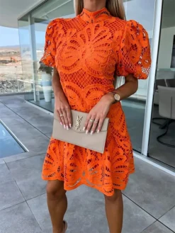 Women's Party Dress Lace Dress Cut Out Dress Mini Dress White Purple Fuchsia Short Sleeve Pure Color Lace Summer Spring Stand Collar Fashion Birthday Wedding Guest Vacation 2023 S M L XL -Party Prom Dresses Sales Store skbhwz1680508498218