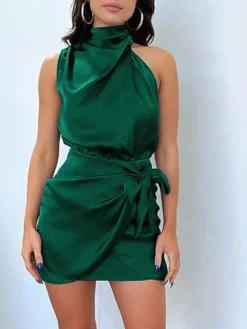 Women's Party Dress Homecoming Dress Cocktail Dress Mini Dress Black Champagne Light Green Sleeveless Pure Color Lace Up Spring Fall Winter Halter Neck Fashion Wedding Guest Birthday Vacation Loose -Party Prom Dresses Sales Store skcfci1693535346157