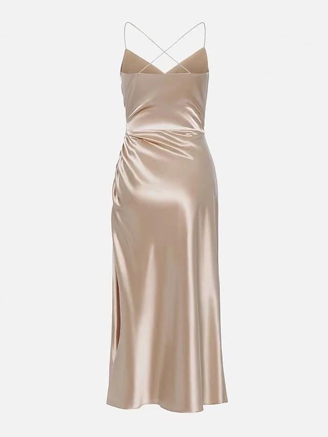 Women‘s Satin Dress Midi Dress Champagne Sleeveless Pure Color Split Ruched Spring Summer V Neck Stylish Elegant Sexy 2022 S M L XL 3 Women‘s Satin Dress Midi Dress Champagne Sleeveless Pure Color Split Ruched Spring Summer V Neck Stylish Elegant Sexy 2022 S M L XL - Image 3