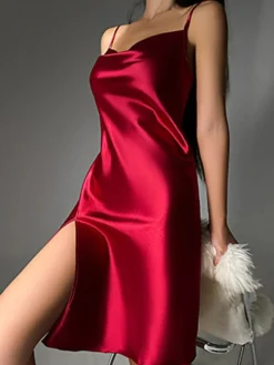 Women's Satin Dress Strap Dress Midi Dress Luxury Sexy Backless Split Solid Color Strap Party Lounge Black Champagne 2023 Summer Spring S M L XL -Party Prom Dresses Sales Store sloqrj1692858258609