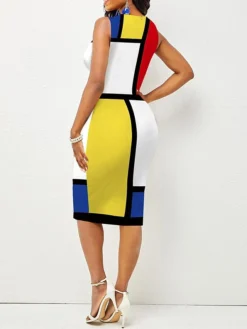 Women's Work Dress Sheath Dress Semi Formal Dress Fashion Midi Dress Print Crew Neck Sleeveless Polka Dot Color Block Regular Fit Yellow Summer Spring S M L XL XXL -Party Prom Dresses Sales Store slrkff1680487518026