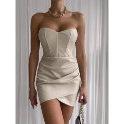 Women's Party Dress Cocktail Dress Bodycon Mini Dress Black White Camel Sleeveless Pure Color Ruched Fall Winter Autumn Strapless Fashion Vacation 2023 S M L -Party Prom Dresses Sales Store smgjxd1695635811062