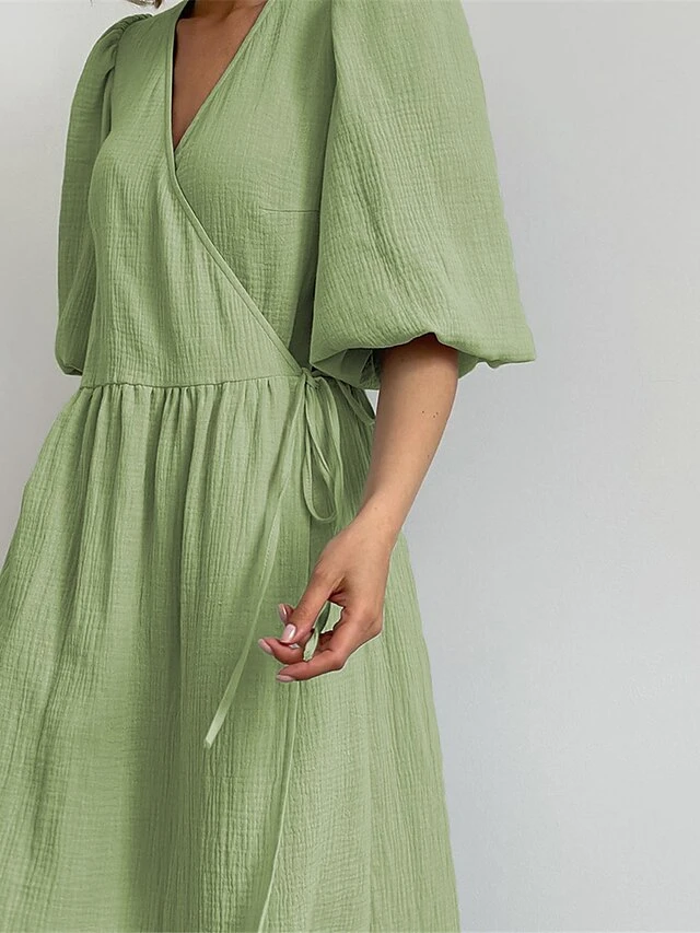 Women's Casual Dress Cotton Linen Dress Wrap Dress Midi Dress Cotton Basic Classic Outdoor Daily Vacation V Neck Lace Up Half Sleeve Spring Fall Autumn 2023 Regular Fit Orange Green Plain S M L 4 Women's Casual Dress Cotton Linen Dress Wrap Dress Midi Dress Cotton Basic Classic Outdoor Daily Vacation V Neck Lace Up Half Sleeve Spring Fall Autumn 2023 Regular Fit Orange Green Plain S M L - Image 4