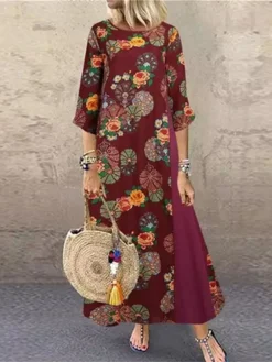 Women's Casual Dress Cotton Dress Black Dress Maxi Long Dress Cotton Blend Basic Modern Outdoor Daily Vacation Crew Neck Print Half Sleeve Summer Spring 2023 Loose Fit Black Yellow Red Flower M L XL -Party Prom Dresses Sales Store smpmho1683796337147