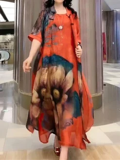 Women's Two Piece Dress Set Casual Dress Swing Dress Daily Holiday Fashion Casual Print Midi Dress Crew Neck Half Sleeve Floral Print Loose Fit Red Blue Orange Summer Spring M L XL XXL 3XL -Party Prom Dresses Sales Store smscgy1691462020199