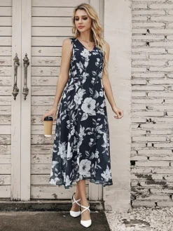 Women's Two Piece Dress Set Casual Dress Chiffon Dress Outdoor Daily Fashion Elegant Print Midi Dress V Neck Half Sleeve Floral Regular Fit Black Pink Gray Summer Spring S M L XL XXL -Party Prom Dresses Sales Store smujgk1695873665937