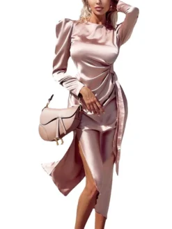 Women‘s Party Dress Wedding Guest Dress Satin Dress Pink Dress Midi Dress Pink Long Sleeve Print Ruched Winter Fall Autumn Crew Neck Elegant Wedding Party Winter Dress 2023 S M L XL XXL -Party Prom Dresses Sales Store snflym1678437565739