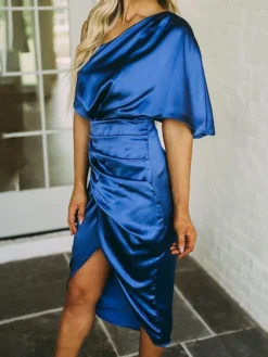 Women's Party Dress Cocktail Dress Satin Dress Midi Dress Black Gold Dark Blue Short Sleeve Pure Color Ruched Spring Fall One Shoulder Fashion Office Wedding Guest Vacation 2022 S M L XL -Party Prom Dresses Sales Store sooirz1634955677563