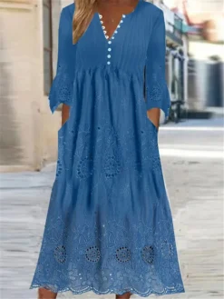 Women's Casual Dress Cotton Linen Dress Swing Dress Midi Dress Cotton Blend Fashion Modern Outdoor Daily V Neck Lace Button 3/4 Length Sleeve Summer Spring Fall 2023 Regular Fit Blue Plain S M L XL