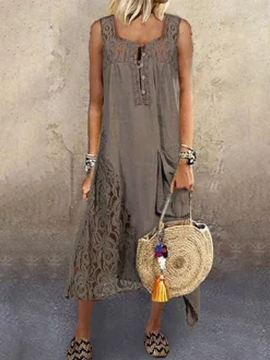 Women's Casual Dress Cotton Linen Dress A Line Dress Maxi Long Dress Cotton Blend Fashion Modern Outdoor Daily Vacation Spaghetti Strap Lace Patchwork Sleeveless Summer Spring 2023 Regular Fit Khaki