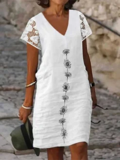 Women's Cotton Linen Dress Casual Dress Shift Dress Midi Dress Cotton Fashion Modern Outdoor Daily Vacation V Neck Lace Print Short Sleeve Summer Spring 2023 Regular Fit White Green Flower S M L XL