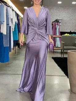 Women's Prom Dress Party Dress Satin Dress Long Dress Maxi Dress Purple 3/4 Length Sleeve Pure Color Ruched Spring Fall Winter V Neck Fashion Winter Dress Evening Party Wedding Guest 2023 S M L XL -Party Prom Dresses Sales Store spnhvh1692786920856