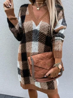 Women's Sweater Dress Winter Dress Jumper Dress Mini Dress Fashion Plaid Daily Date Going Out Weekend V Neck Long Sleeve Patchwork 2023 Regular Fit Khaki S M L XL