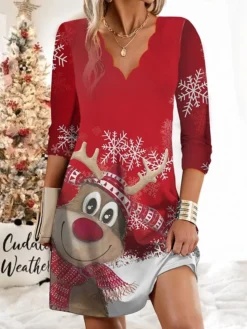 Women's Christmas Work Dress Casual Dress Fashion Winter DressDaily Mini Dress Print V Neck Long Sleeve Elk Snowman Regular Fit Black Wine Green Fall Winter S M L XL XXL -Party Prom Dresses Sales Store spular1695633369476