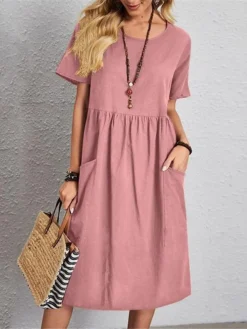 Women's Casual Dress Cotton Linen Dress Midi Dress Linen / Cotton Blend Basic Classic Outdoor Daily Vacation Crew Neck Pocket Short Sleeve Summer Spring 2023 Regular Fit Pink Navy Blue Brown Plain S -Party Prom Dresses Sales Store sqpmrr1691067953554