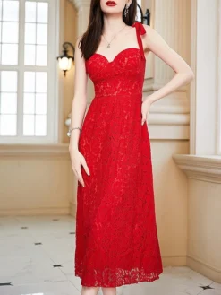 Women's Party Dress Lace Dress Cocktail Dress Midi Dress Red Sleeveless Pure Color Lace Summer Spring Fall Spaghetti Strap Fashion Wedding Guest Vacation Summer Dress 2023 S M L XL -Party Prom Dresses Sales Store sqsent1690276035805