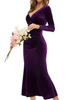 Women‘s Party Dress Wedding Guest Dress Sheath Dress Trumpet / Mermaid Dress Long Dress Maxi Dress Black Wine Purple Long Sleeve Pure Color Ruched Fall Autumn V Neck Elegant Winter Dress Evening Party -Party Prom Dresses Sales Store srdtrj1662695191374