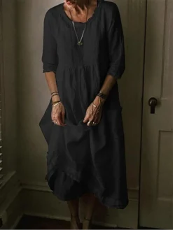 Women's Cotton Linen Dress Casual Dress Maxi Long Dress Cotton Basic Casual Outdoor Daily Vacation Crew Neck Pocket Half Sleeve Summer Spring 2023 Loose Fit Black Yellow Blue Plain S M L XL 2XL -Party Prom Dresses Sales Store ssaqdm1678437397562