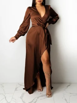 Women‘s Wedding Guest Dress Party Dress Satin Dress Sheath Dress Swing Dress Long Dress Maxi Dress Black Yellow Pink Long Sleeve Pure Color Lace Up Winter Fall Spring V Neck Mature Winter Dress 2023