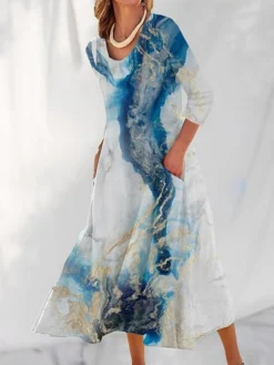 Women's Casual Dress Cotton Linen Dress Swing Dress Maxi Long Dress Polyester Fashion Casual Daily Outdoor Daily Vacation V Neck Split Print Long Sleeve Summer Spring Fall 2023 Loose Fit White Navy -Party Prom Dresses Sales Store ssrmpx1690539145086