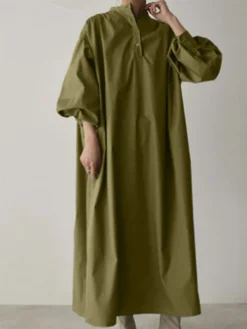 Women's Casual Dress Cotton Linen Dress Loose Dress Maxi Long Dress Polyester Daily Casual Daily Outdoor Daily Holiday Stand Collar Button Long Sleeve Spring Fall Winter 2023 Loose Fit ArmyGreen -Party Prom Dresses Sales Store sstsbv1692961033092