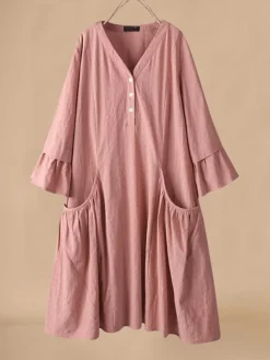 Women's Casual Dress Cotton Linen Dress Swing Dress Midi Dress Polyester Basic Classic Outdoor Daily Vacation V Neck Ruffle Button 3/4 Length Sleeve Spring Fall Autumn 2023 Loose Fit Pink Navy Blue -Party Prom Dresses Sales Store ssvvfm1692340776092