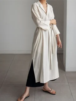 Women's Casual Dress Cotton Linen Dress Shift Dress Midi Dress Linen / Cotton Blend Fashion Basic Outdoor Daily Vacation Shirt Collar Lace Up Pocket Long Sleeve Fall Winter Autumn 2023 Loose Fit -Party Prom Dresses Sales Store staodg1693475203127