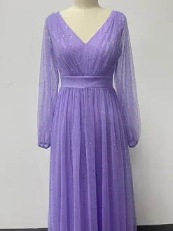 Women‘s Prom Dress Party Dress Sequin Dress Long Dress Maxi Dress Purple Long Sleeve Pure Color Sparkly Glitter Sequins Fall Winter Autumn V Neck Fashion Wedding Guest Birthday Evening Party -Party Prom Dresses Sales Store stmegz1693535478547
