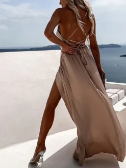 Women's Prom Dress Party Dress Satin Dress Pink Dress Long Dress Maxi Dress Fuchsia Khaki Sleeveless Pure Color Backless Summer Spring Fall Spaghetti Strap Fashion Birthday Evening Wedding Guest 2023 -Party Prom Dresses Sales Store stskia1663237142803