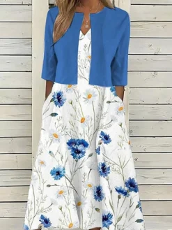 Women's Two Piece Dress Set Casual Dress Shift Dress Daily Going Out Fashion Casual Pocket Print Midi Dress V Neck 3/4 Length Sleeve Floral Loose Fit Navy Blue Royal Blue Dark Green Summer Spring S M -Party Prom Dresses Sales Store suavar1687327202897