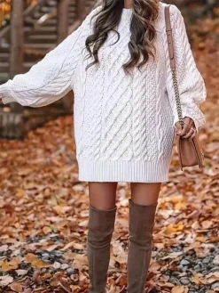 Women's Sweater Dress Jumper Dress Casual Dress Mini Dress Warm Pure Color Outdoor Casual Daily Going Out Crew Neck Long Sleeve 2023 Loose Fit White XL XXL 3XL -Party Prom Dresses Sales Store suetzk1695643745383