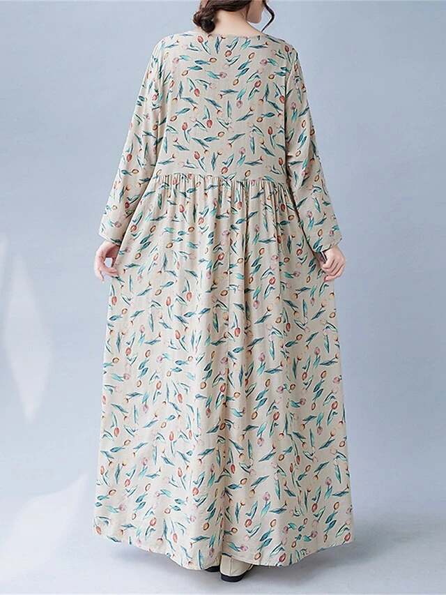 Women's Casual Dress Linen Dress Swing Dress Maxi Long Dress Linen Fashion Modern Outdoor Daily Holiday Crew Neck Print Long Sleeve Fall Winter Autumn 2023 Loose Fit Apricot Flower L XL 2XL 2 Women's Casual Dress Linen Dress Swing Dress Maxi Long Dress Linen Fashion Modern Outdoor Daily Holiday Crew Neck Print Long Sleeve Fall Winter Autumn 2023 Loose Fit Apricot Flower L XL 2XL - Image 2